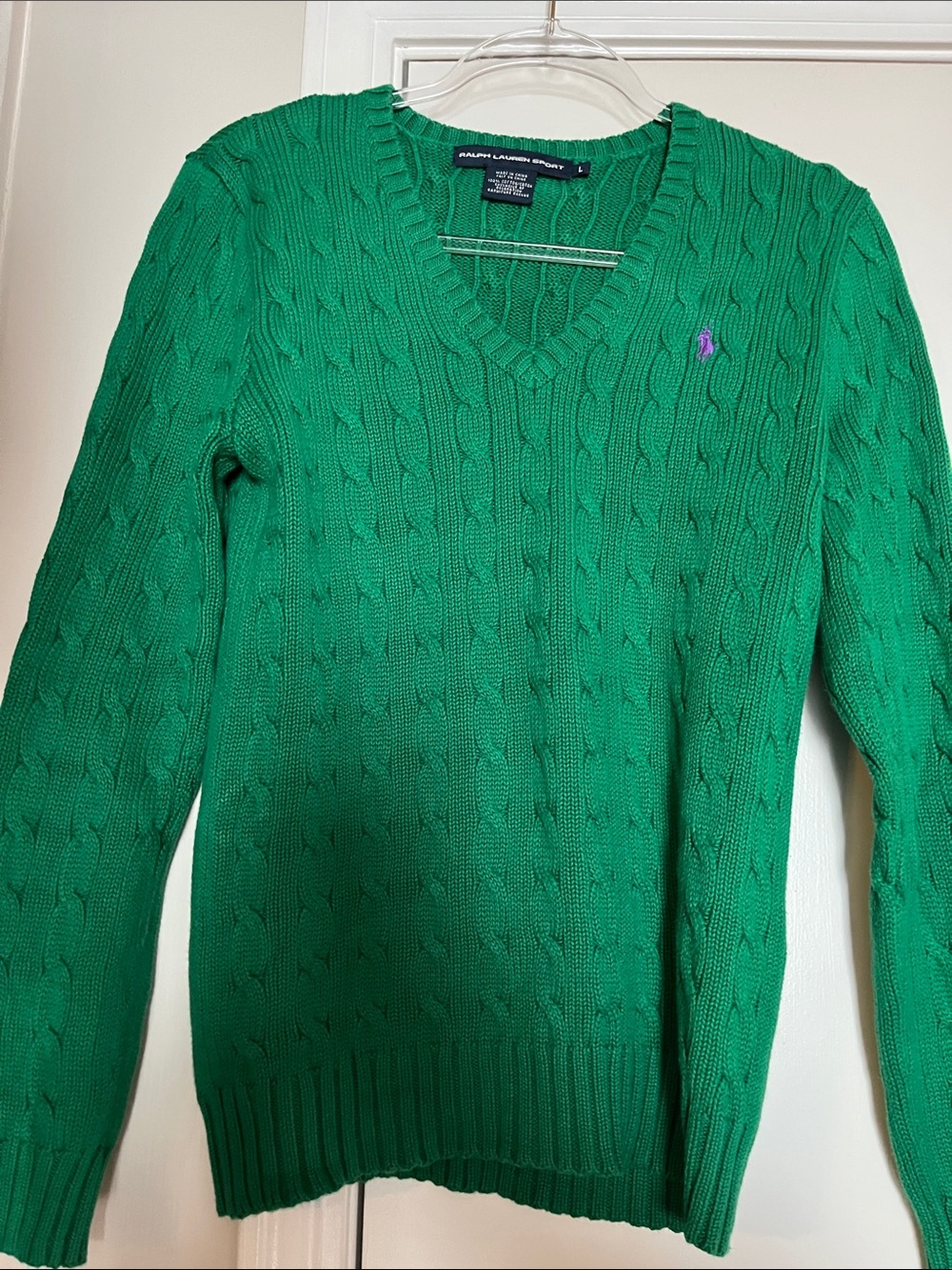 Ralph Lauren Emerald Green Cable-Knit V-Neck Sweater with Purple Pony